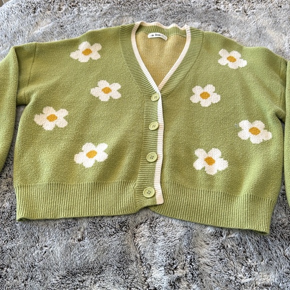 In Bloom Women’s Large Green Daisy Floral Sweater Long Sleeve Button Up Cropped - Picture 6 of 11